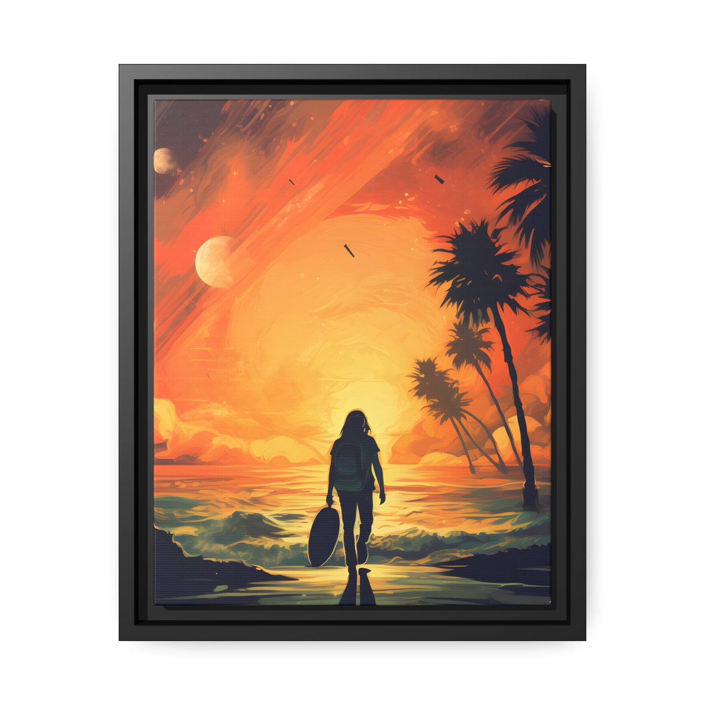 Framed Canvas Artwork Beach Ocean Surfing Warm Suns Set Art Surfer Walking Down To The Beach Holding Surfboard Palm Tree Silhouettes Sets The Tone Floating Frame Canvas Artwork