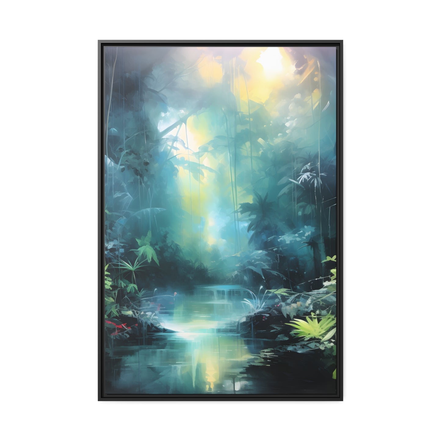 Framed Canvas Abstract Artwork Dense Misty Jungle And Stream Of Water Oil Painting Style Abstract Art Natural Conversation Starter Framed Canvas Nature