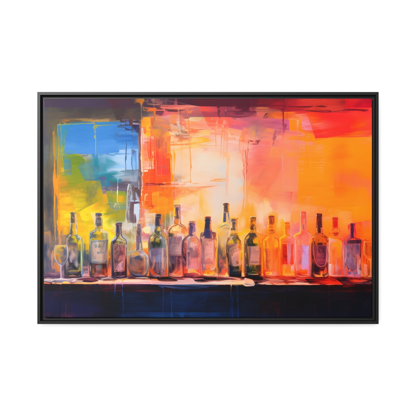 Framed Canvas Artwork Alcohol Bar Night Life Vibrant Oil Painting Style Colorful Party Drinking Lifestyle Floating Frame Canvas 