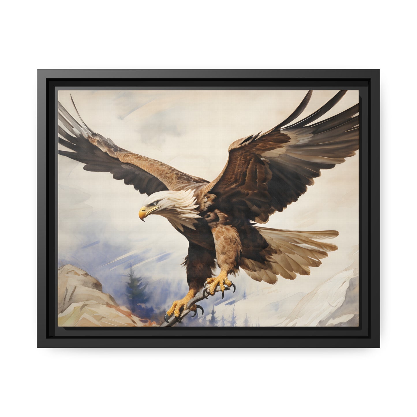 Framed Canvas Artwork Strong Soaring Bald Eagle Snowy Mountains Detailed Painting