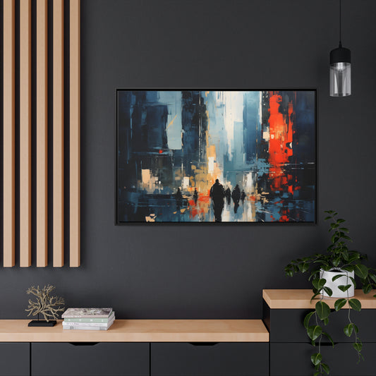 Framed Canvas Abstract Urban Mystique Conversation Starter Floating Canvas Framed Art Busy City Streets People Walking Through A City With Large Buildings