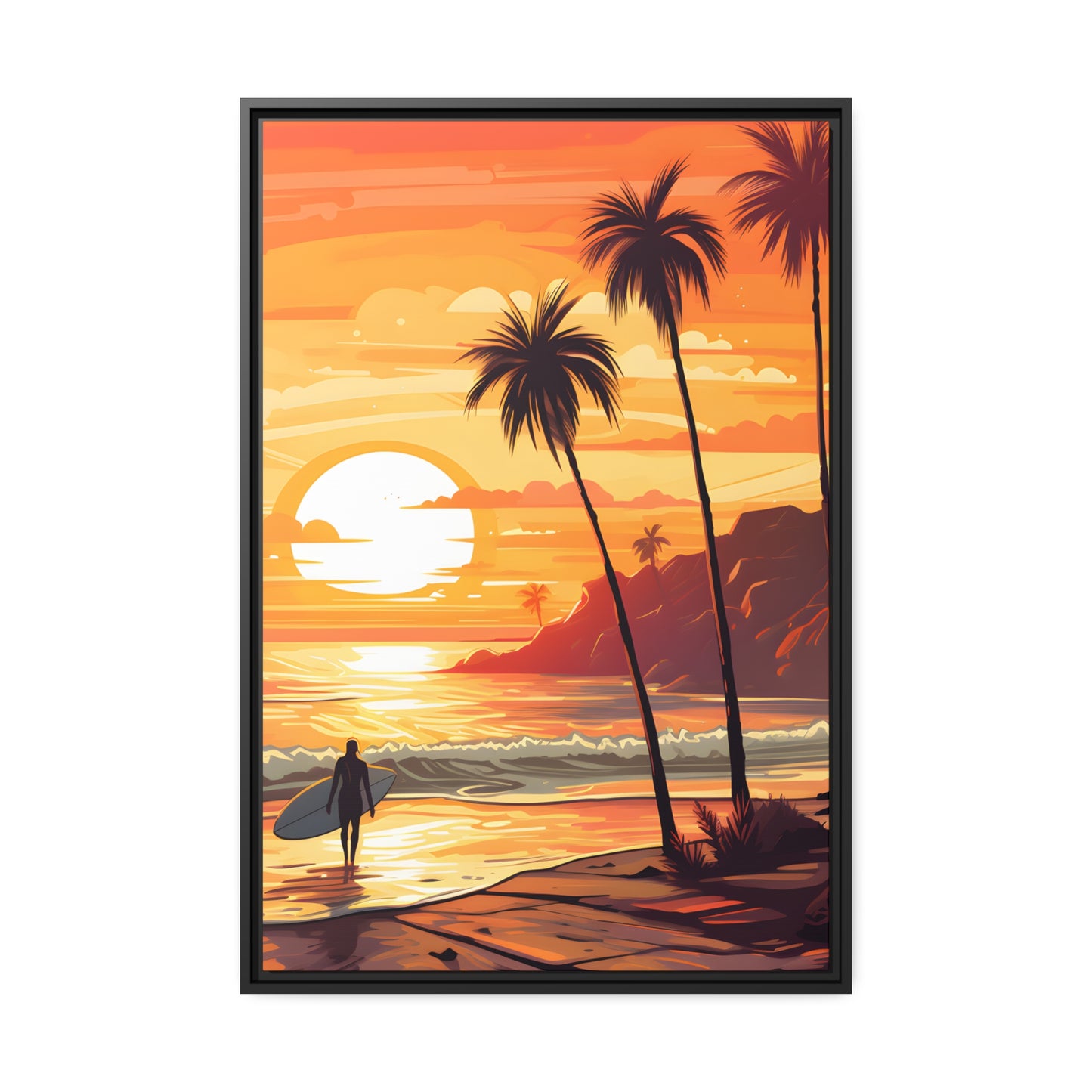 Framed Canvas Artwork Beach Ocean Surfing Warm Sunset Art Surfer Walking Up The Beach Holding Surfboard Palm Tree Silhouettes Sets The Tone Floating Frame Canvas Artwork