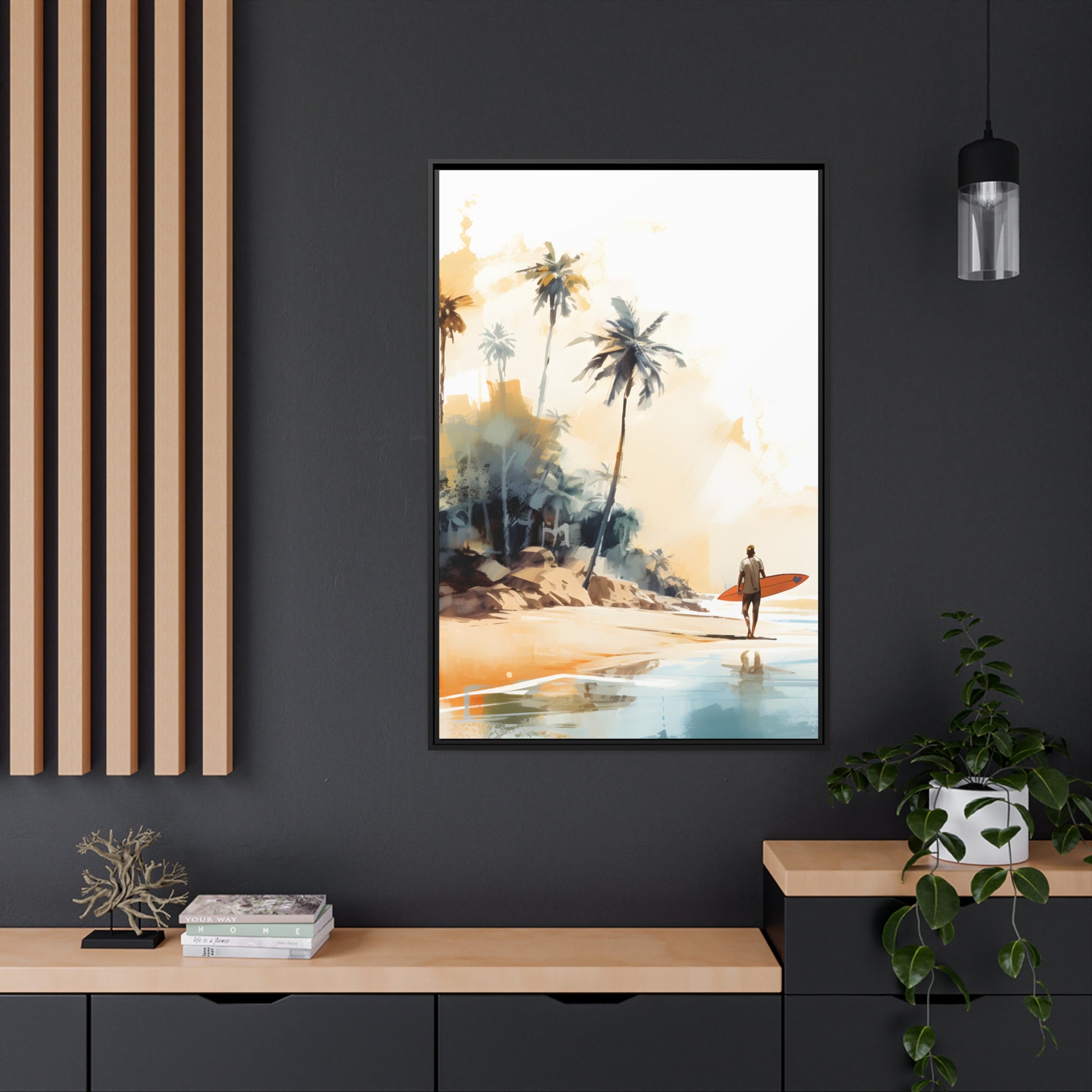 Framed Canvas Artwork Beach Ocean Surfing Art Surfer Walking Up The Beach Holding Surfboard Palm Trees Sets The Tone Floating Frame Canvas Artwork