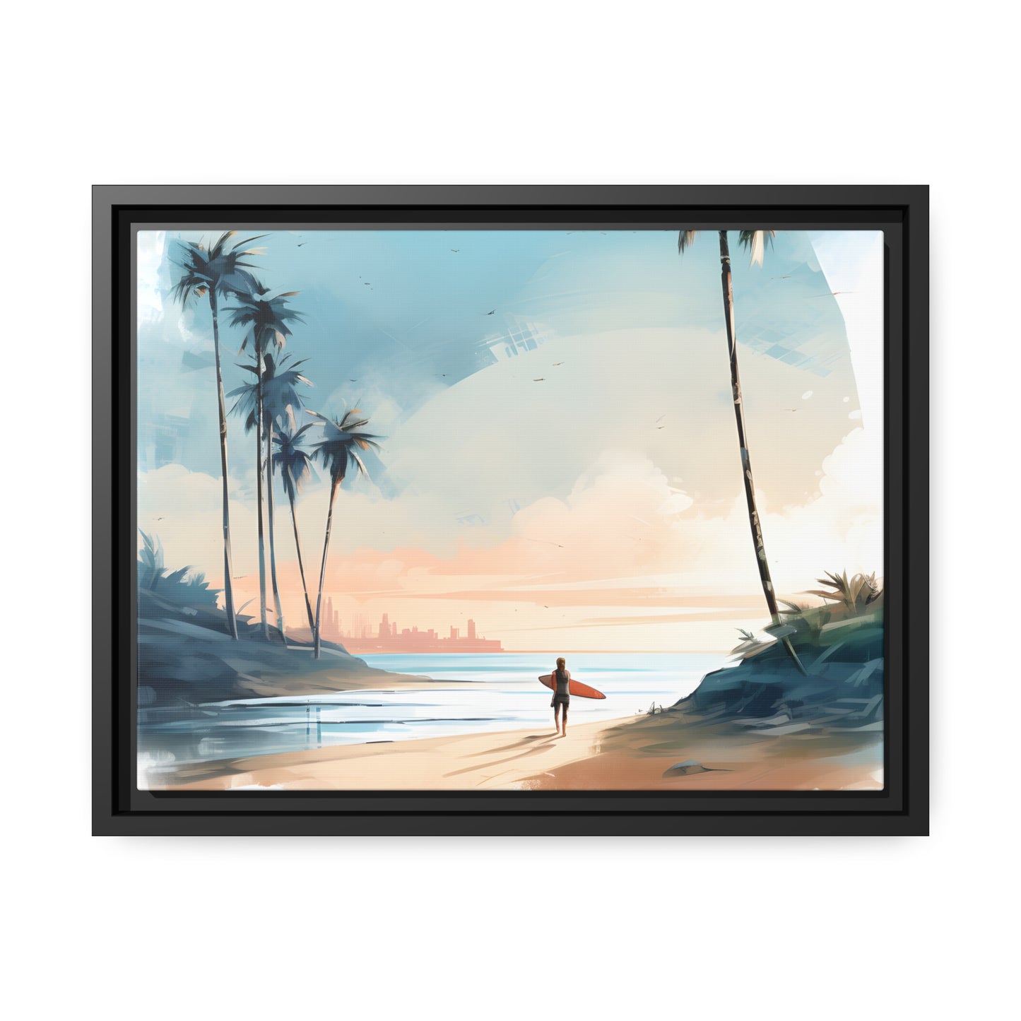 Framed Canvas Artwork Beach Ocean Surfing Warm Sun Set Art Surfer On Beach Holding Surfboard And Palm Tree Silhouettes Water Color Style City In Background Impressive Beach Scene Floating Frame Canvas Artwork