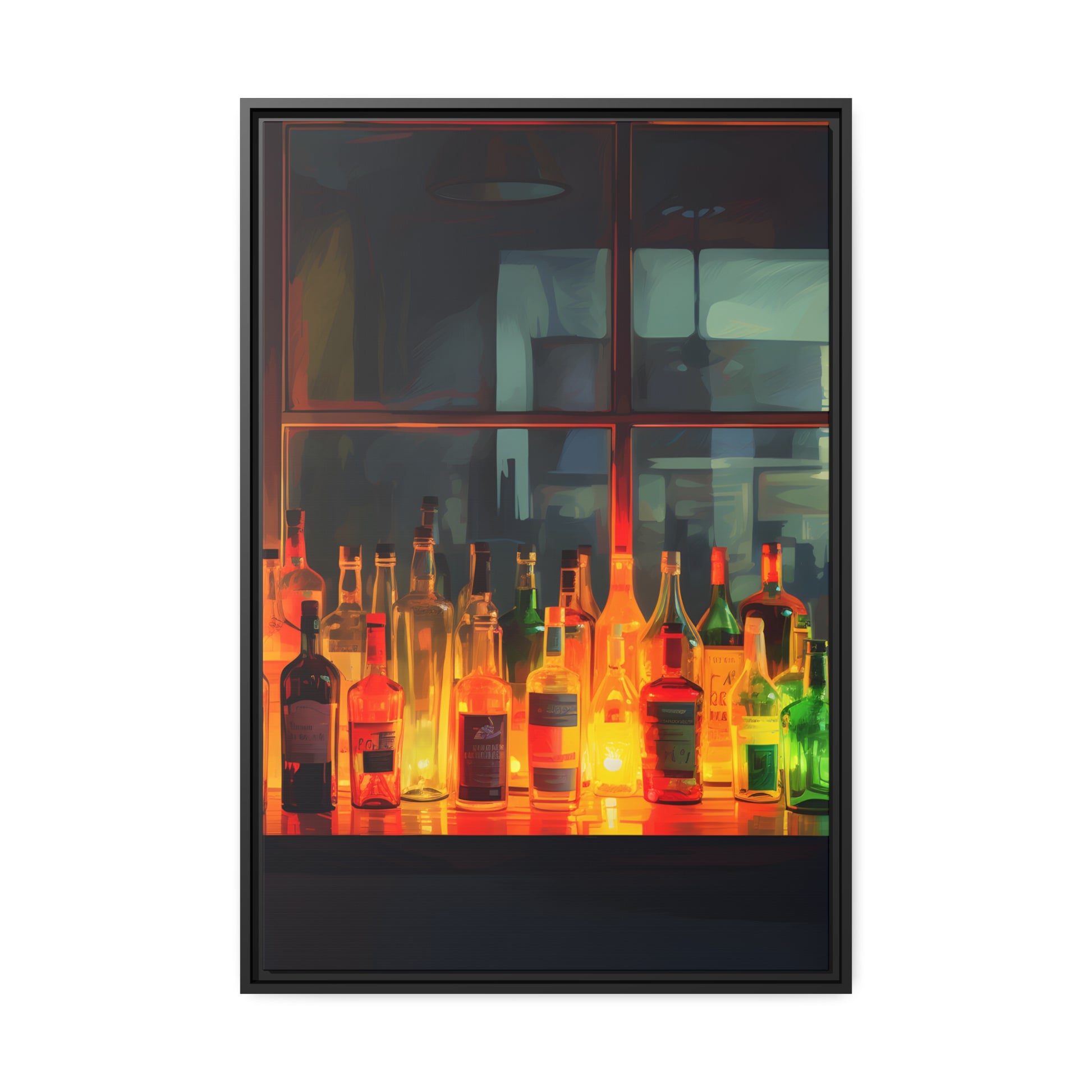 Framed Canvas Artwork Alcohol Bar Night Life Vibrant Colorful Well Lit Bar With Alcohol Bottles Lined UpParty Drinking Lifestyle Floating Frame Canvas 