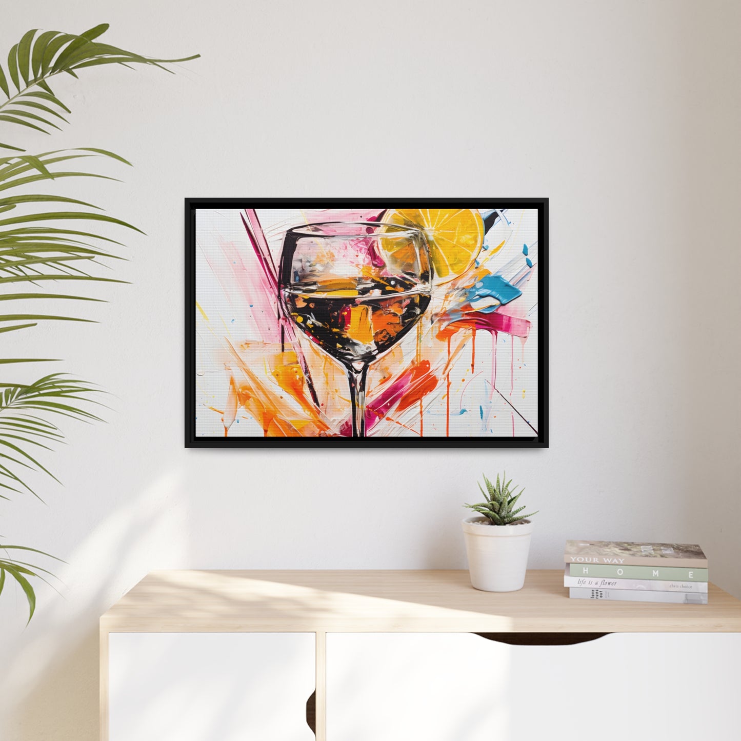 Framed Canvas artwork Bar/Night Life Art Bright Vibrant Neon Splashes Surrounding A Champagne Glass Full Of Alcohol And A Slice Of Lemon On White Background Framed Canvas Painting Alcohol Art Close Up 