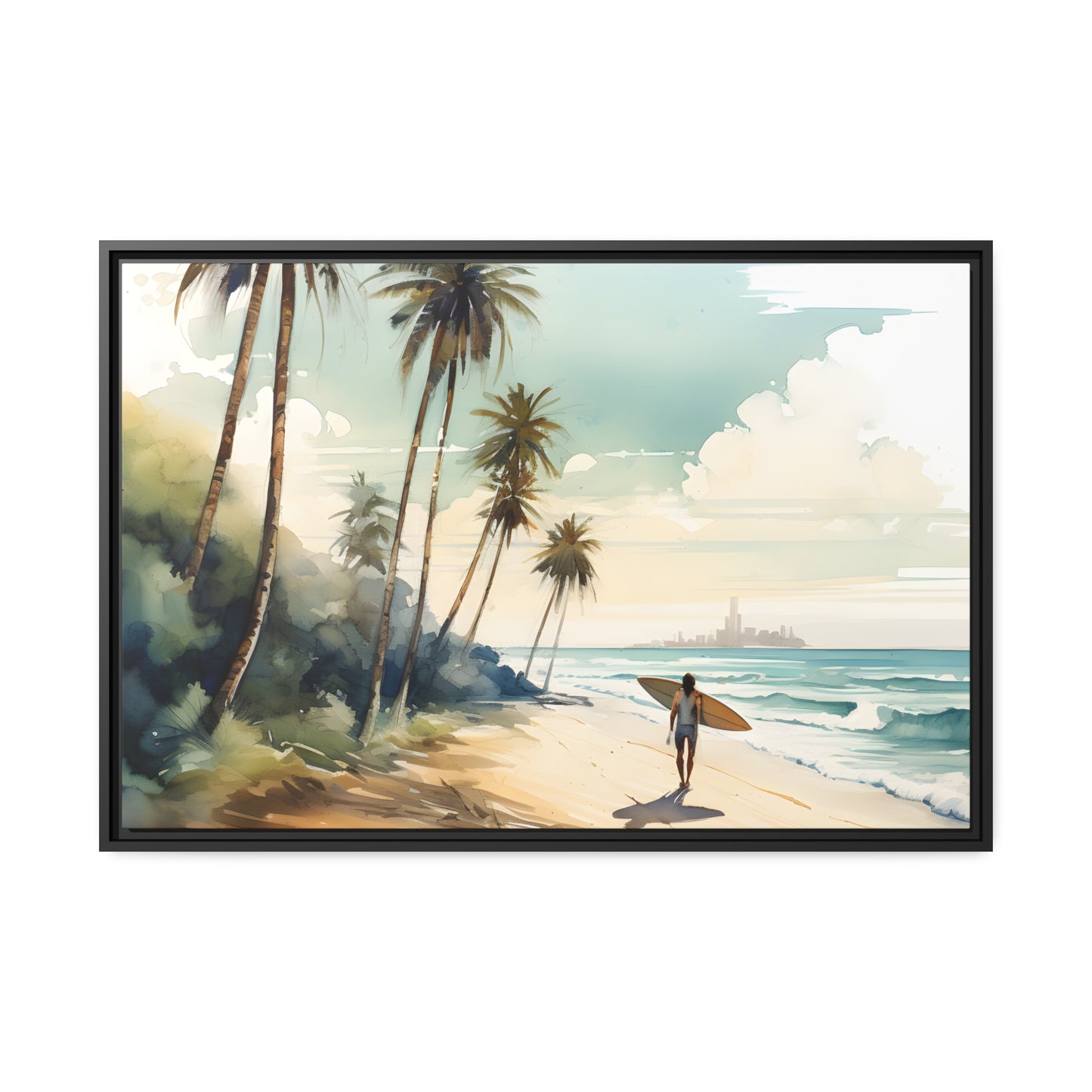 Framed Canvas Artwork Beach Ocean Surfing Art Surfer On Beach Holding Surfboard And Palm Tree Silhouettes Water Color Style City In The Distant Background Hindered By Sea Mist Impressive Beach Scene Floating Frame Canvas Artwork Lifestyle