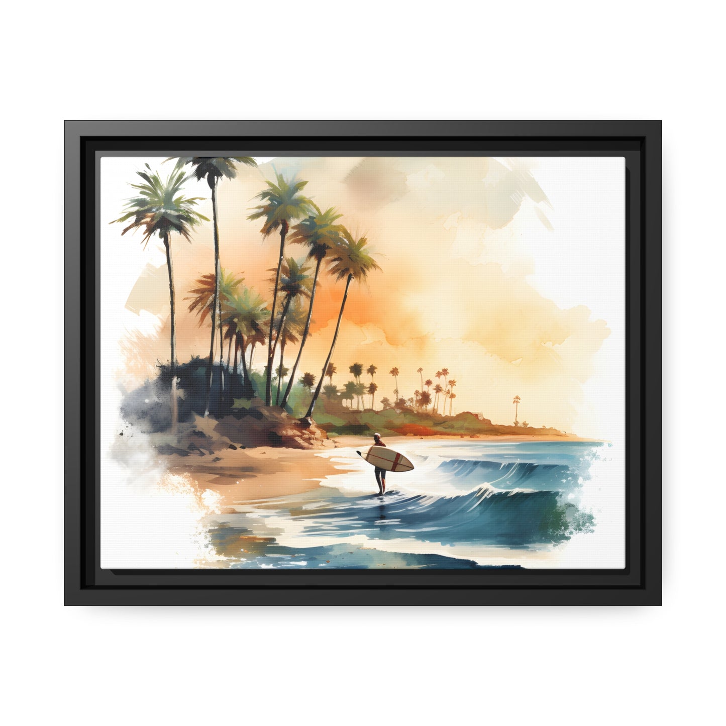 Framed Canvas Lifestyle/Ocean Side Artwork Stunning Watercolor Style Framed Painting Waves Palm Trees Sandy Beach Surfer Searching 