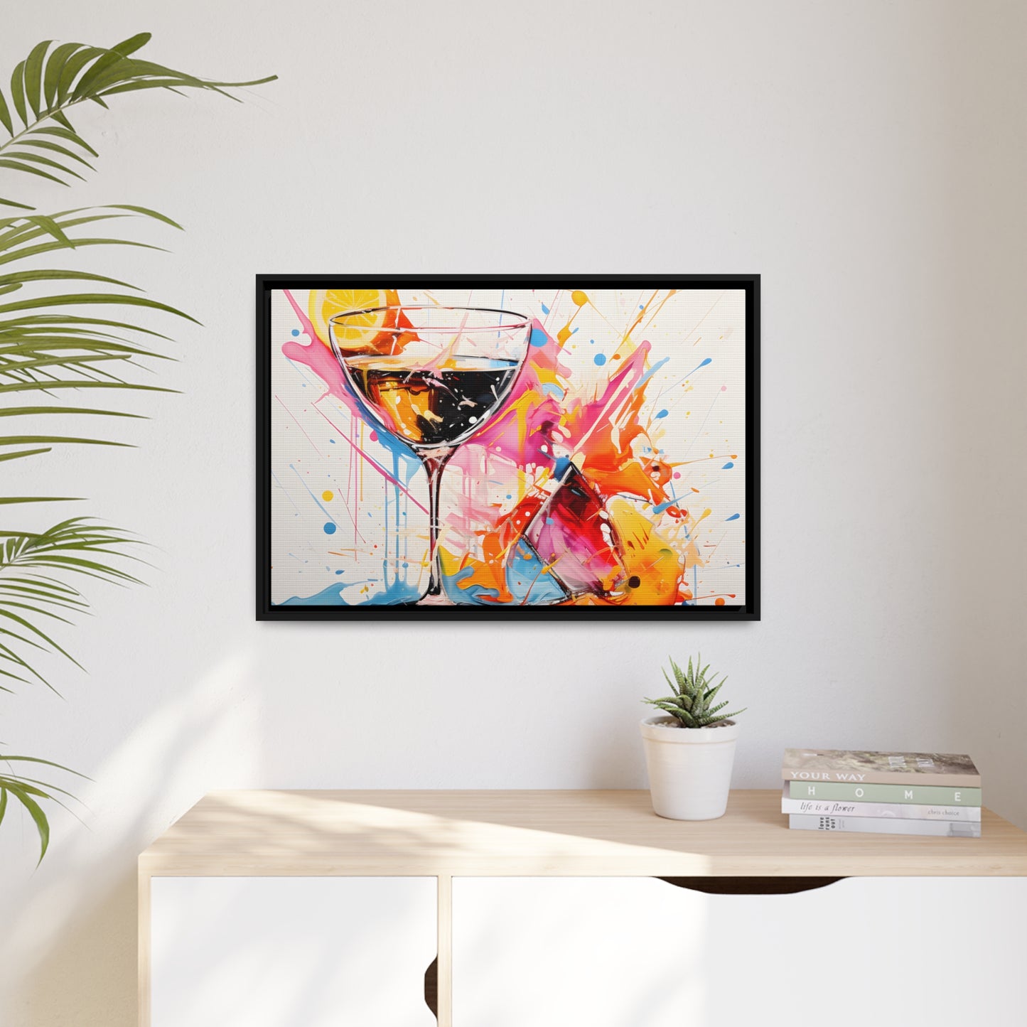 Framed Canvas Artwork Bright Vibrant Splashes Of Color Over A White Background Surrounding A Glass Of Liqour Alcohol Lemon Slice Floating Frame Canvas Artwork