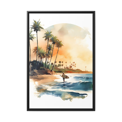 Framed Canvas Lifestyle/Ocean Side Artwork Stunning Watercolor Style Framed Painting Waves Palm Trees Sandy Beach Surfer Searching 