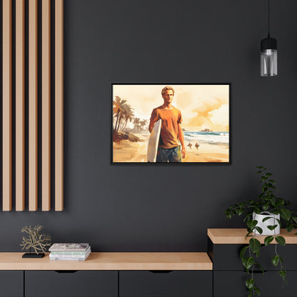 Framed Canvas Artwork Beach Ocean Surfing Art Surfer Walking Up The Beach With Surfboard Floating Frame Canvas Artwork