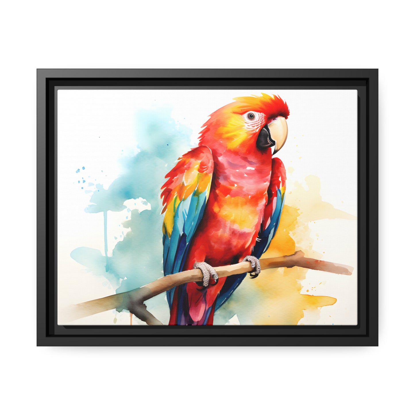 Framed Canvas Artwork Bright Red Parrot With Rainbow Wings Perched On A Tree Branch Nature Influenced Water Color Painting Style