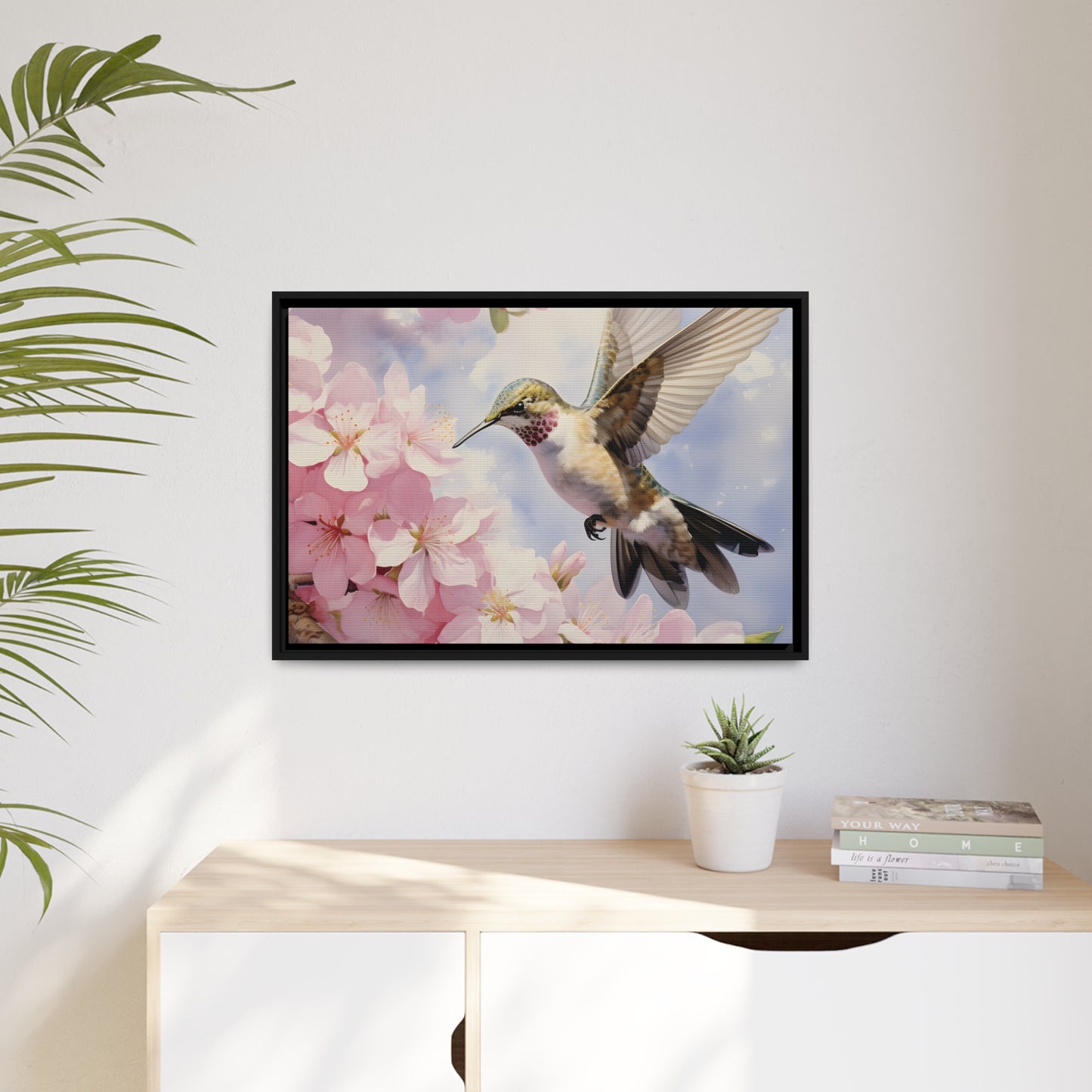 Framed Canvas Artwork Humming Bird Hovering Mid Air While Seeking Out Fresh Honey Amongst The Cherry Blossoms Framed Canvas Artwork