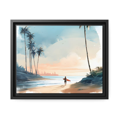 Framed Canvas Artwork Beach Ocean Surfing Warm Sun Set Art Surfer On Beach Holding Surfboard And Palm Tree Silhouettes Water Color Style City In Background Impressive Beach Scene Floating Frame Canvas Artwork