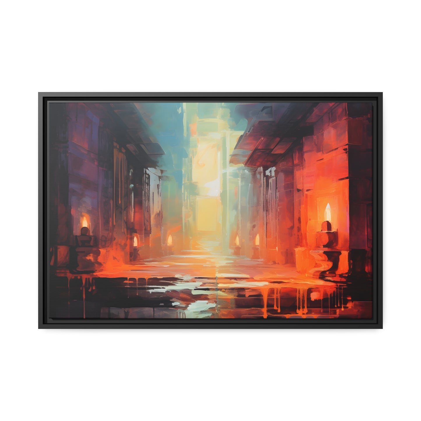 Framed Canvas Abstract artwork Vibrant Art Framed Oil Painting Style Stone Surroundings Lit By Candle Light Overall Ancient Feel Surrounded By Stone Abstract Art