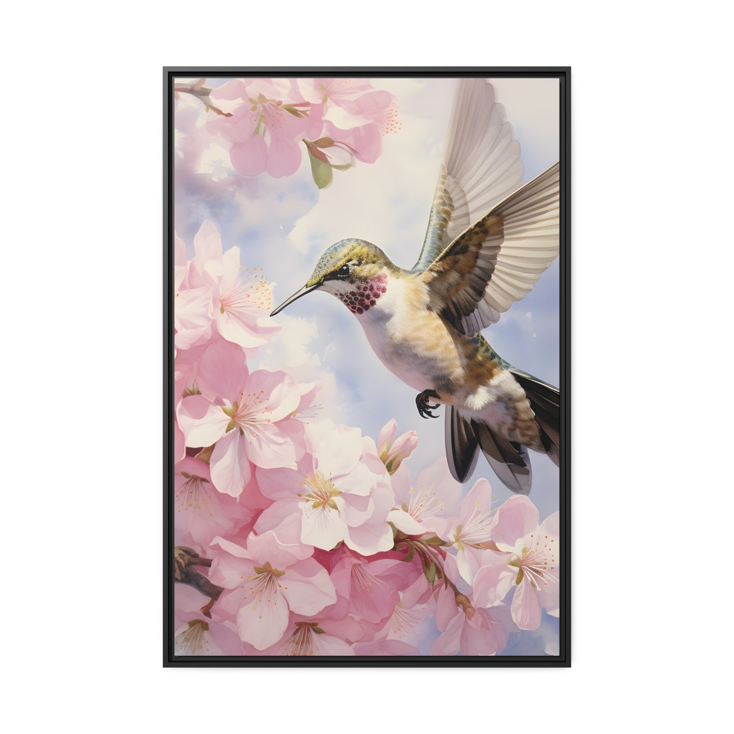 Framed Canvas Artwork Humming Bird Hovering Mid Air While Seeking Out Fresh Honey Amongst The Cherry Blossoms Framed Canvas Artwork