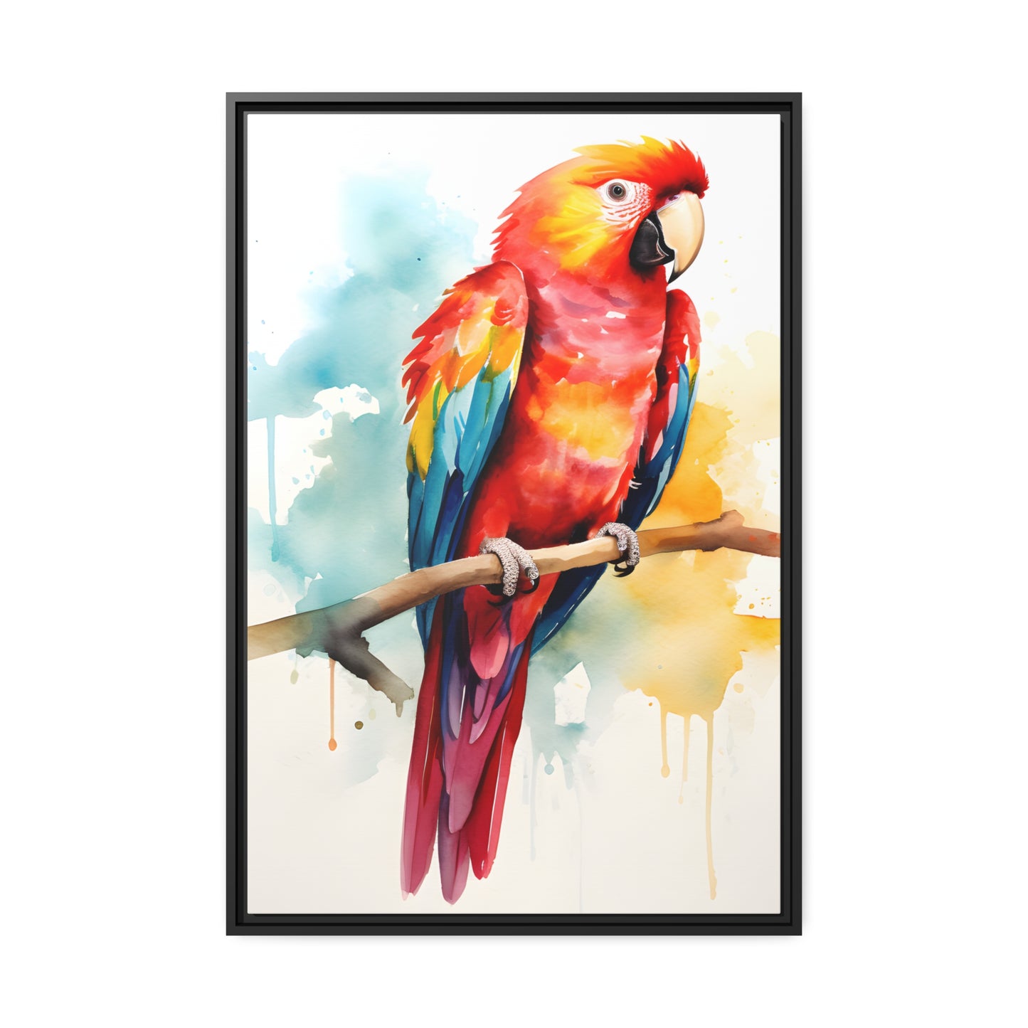 Framed Canvas Artwork Bright Red Parrot With Rainbow Wings Perched On A Tree Branch Nature Influenced Water Color Painting Style