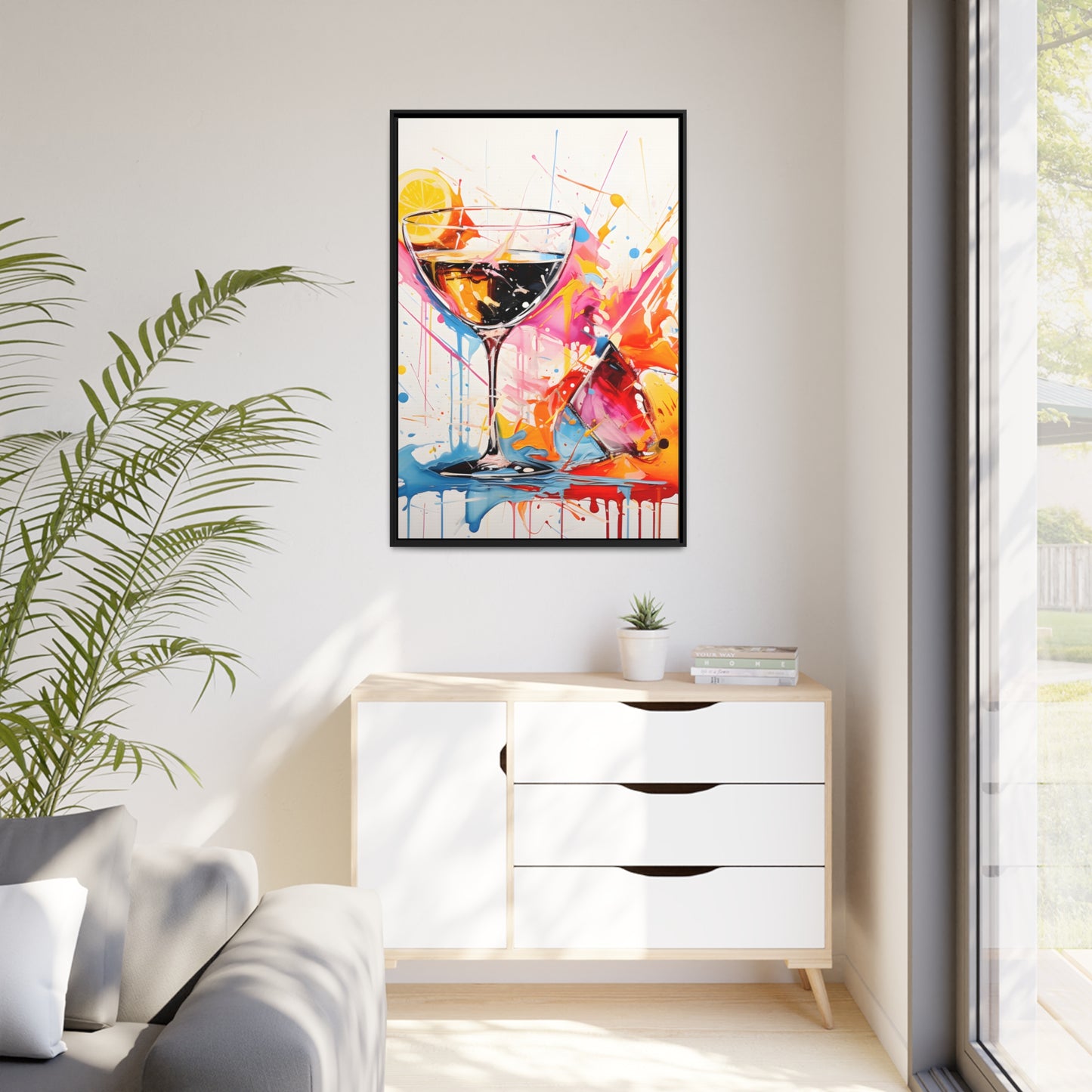 Framed Canvas Artwork Bright Vibrant Splashes Of Color Over A White Background Surrounding A Glass Of Liqour Alcohol Lemon Slice Floating Frame Canvas Artwork