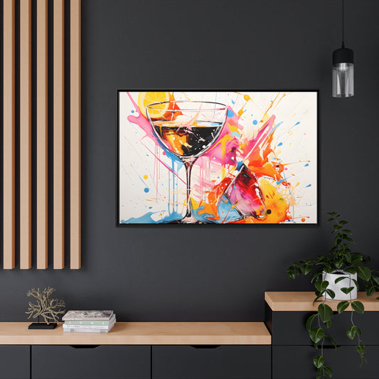 Framed Canvas Artwork Bright Vibrant Splashes Of Color Over A White Background Surrounding A Glass Of Liqour Alcohol Lemon Slice Floating Frame Canvas Artwork