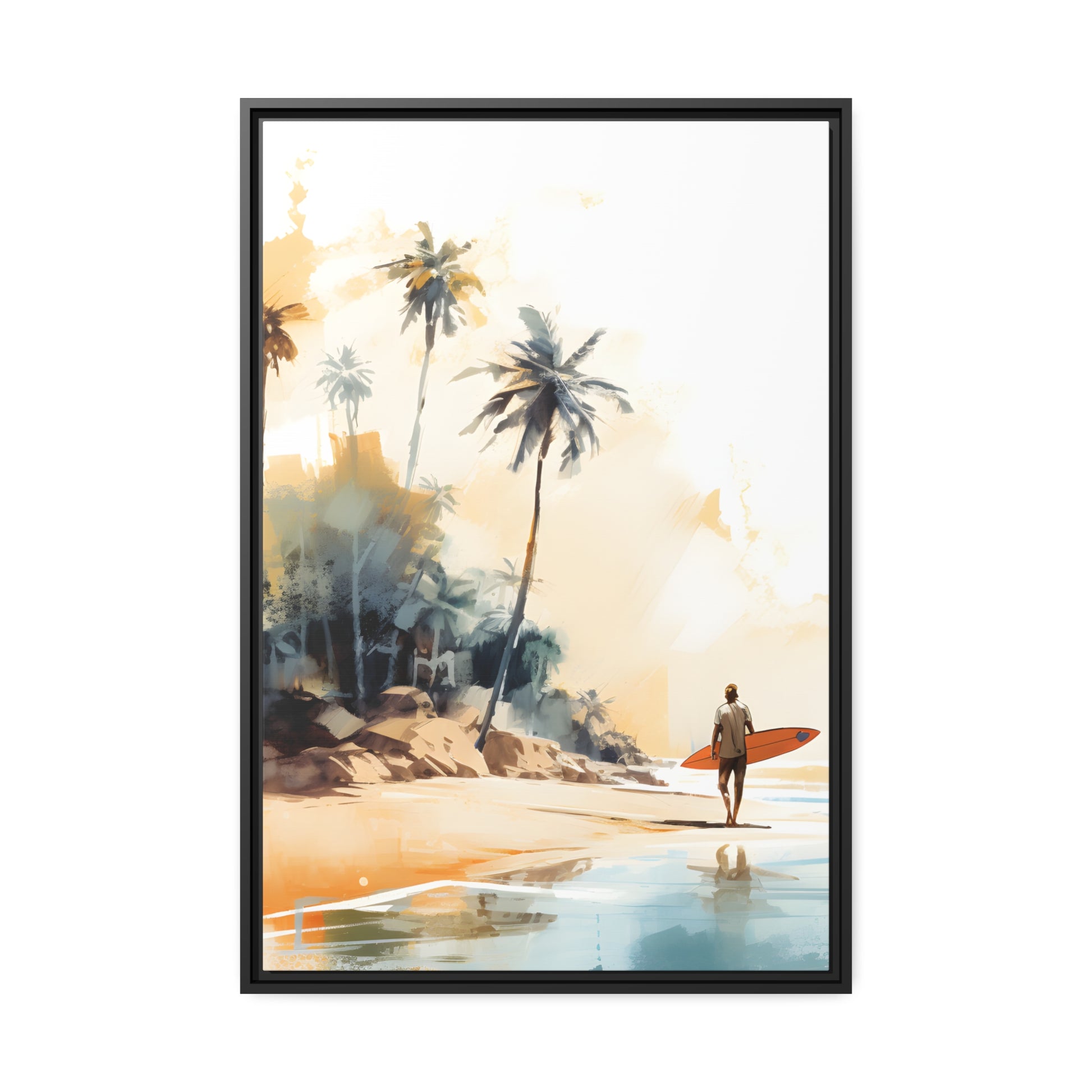 Framed Canvas Artwork Beach Ocean Surfing Art Surfer Walking Up The Beach Holding Surfboard Palm Trees Sets The Tone Floating Frame Canvas Artwork