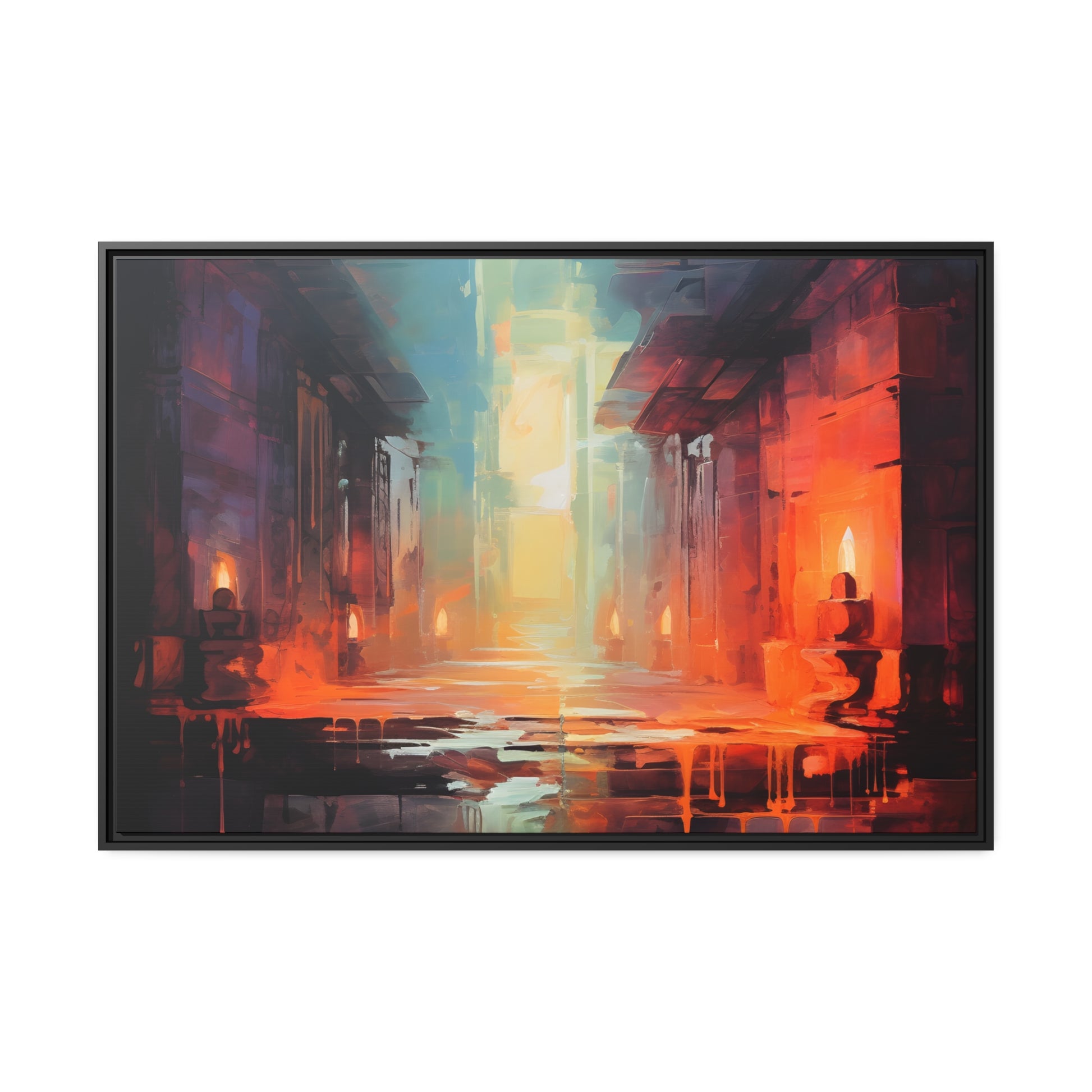 Framed Canvas Abstract artwork Vibrant Art Framed Oil Painting Style Stone Surroundings Lit By Candle Light Overall Ancient Feel Surrounded By Stone Abstract Art