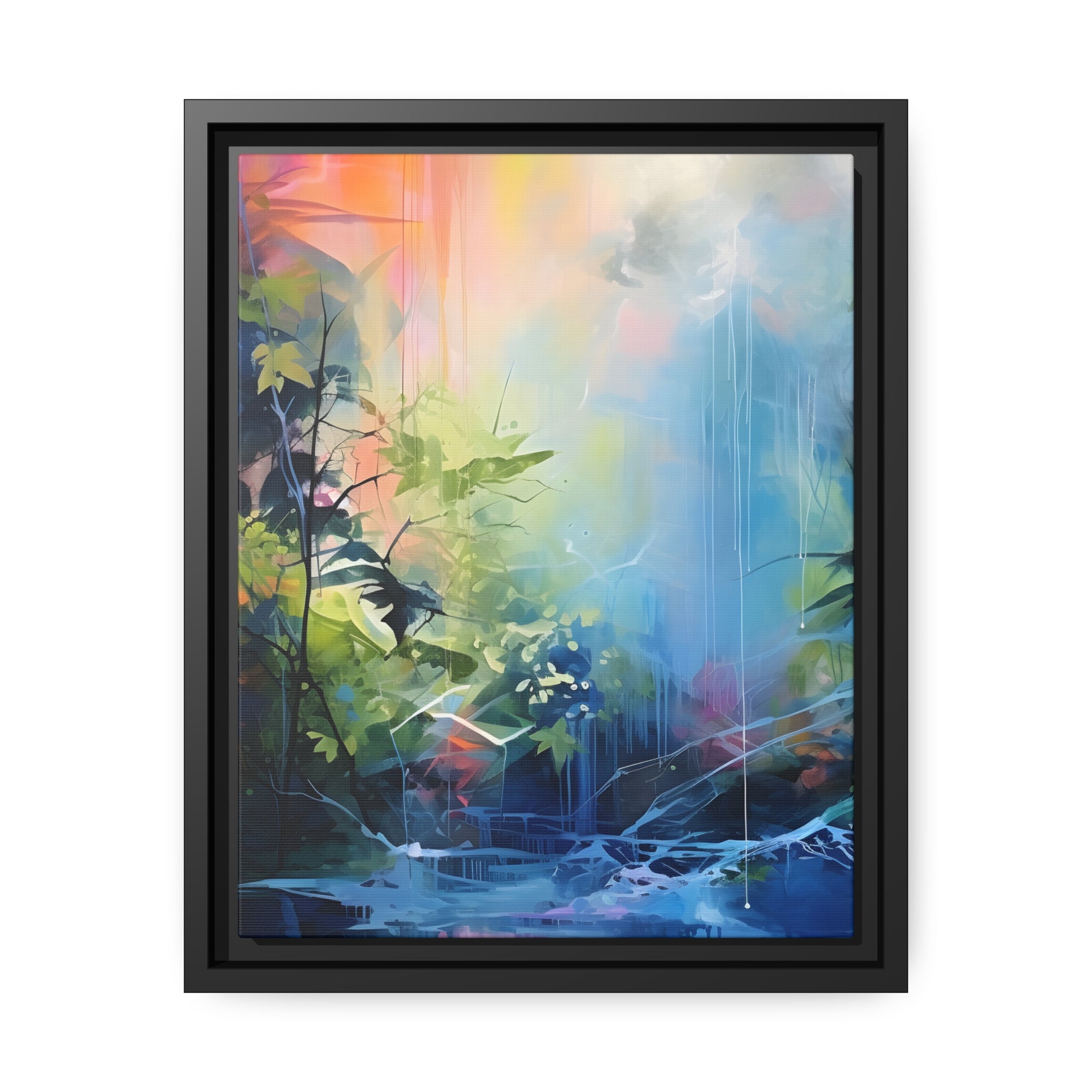 Framed Canvas Abstract Artwork Bright Vibrant Colorful Jungle And Stream Of Water Oil Painting Style Abstract Art Framed Canvas Nature