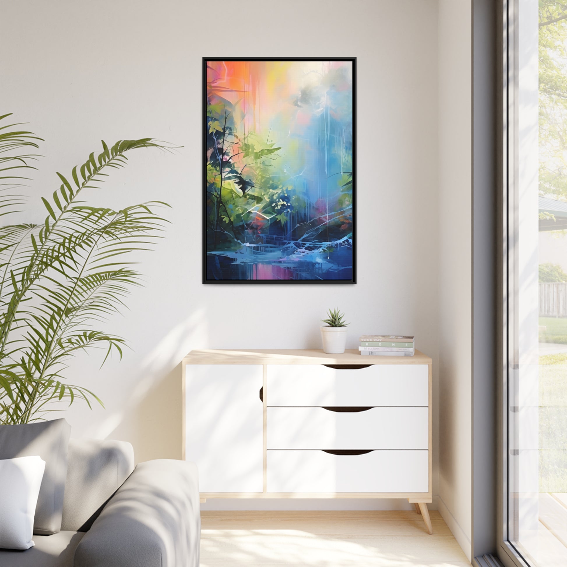 Framed Canvas Abstract Artwork Bright Vibrant Colorful Jungle And Stream Of Water Oil Painting Style Abstract Art Framed Canvas Nature