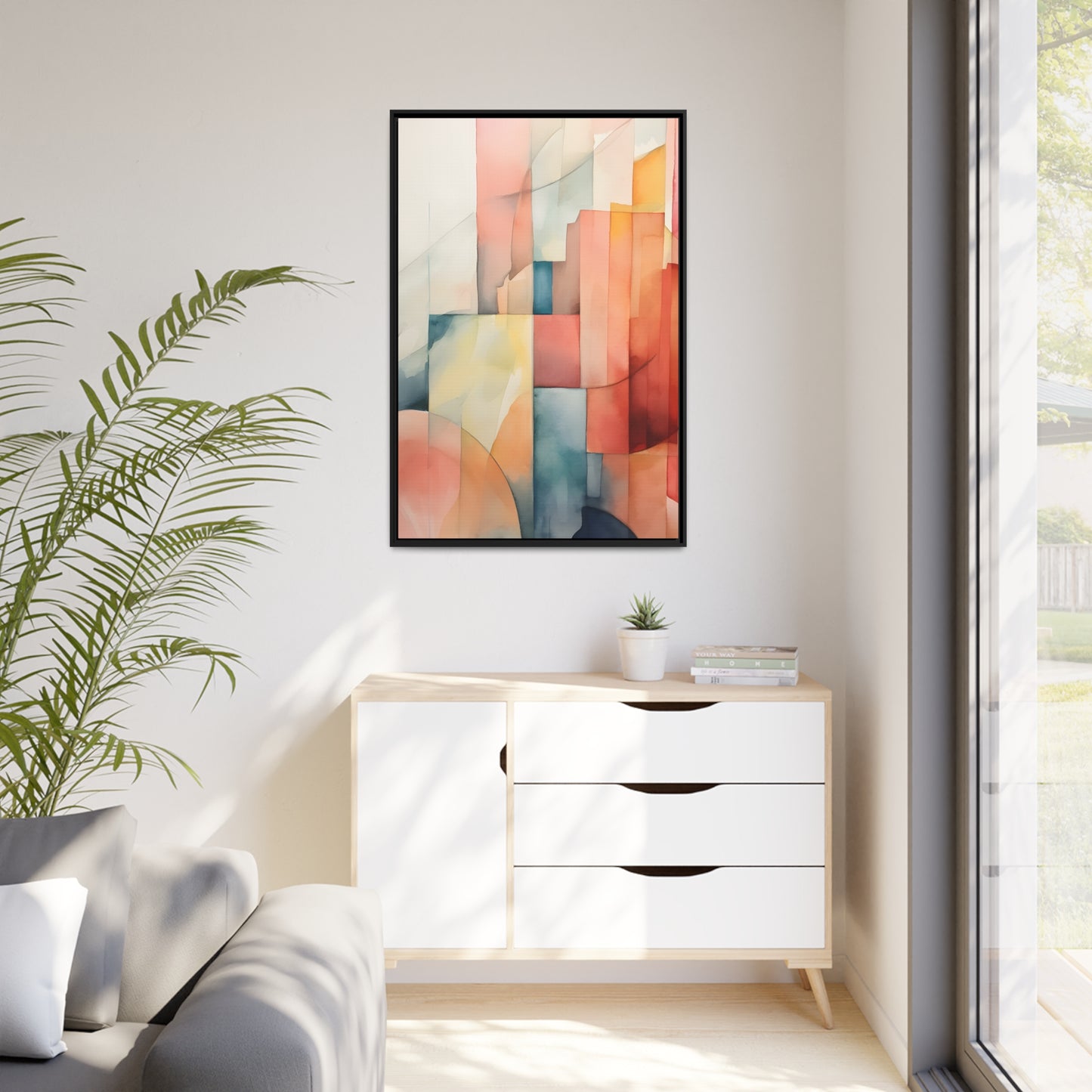 Framed Canvas Abstract Artwork Simplistic Minimalist Shapes Water Color Painting Style Abstract Art Framed Floating Canvas 