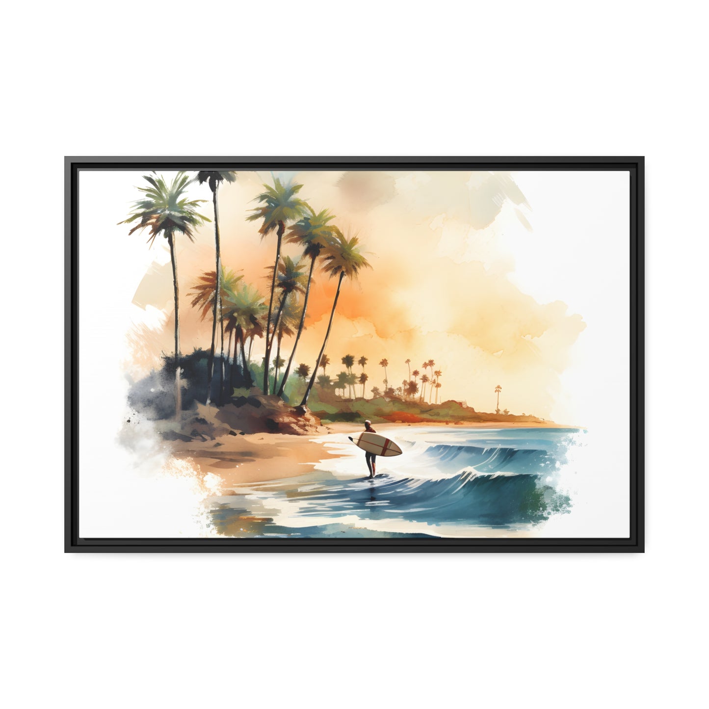 Framed Canvas Lifestyle/Ocean Side Artwork Stunning Watercolor Style Framed Painting Waves Palm Trees Sandy Beach Surfer Searching 