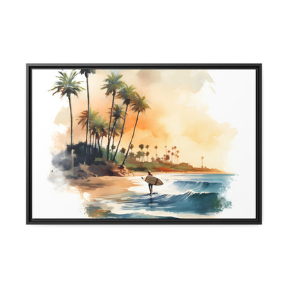 Framed Canvas Lifestyle/Ocean Side Artwork Stunning Watercolor Style Framed Painting Waves Palm Trees Sandy Beach Surfer Searching 