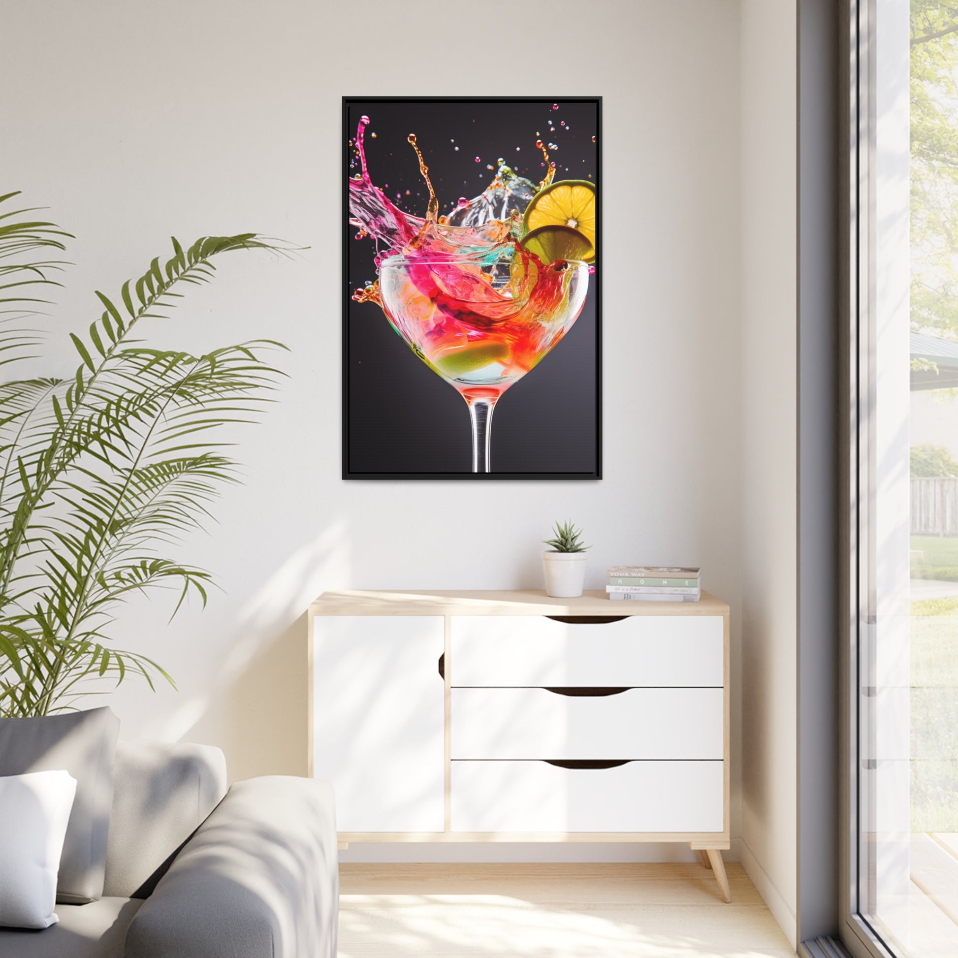 Framed Canvas artwork Bright Colorful Cocktail Splashing Out Of The Glass Framed Canvas Painting Alcohol Art