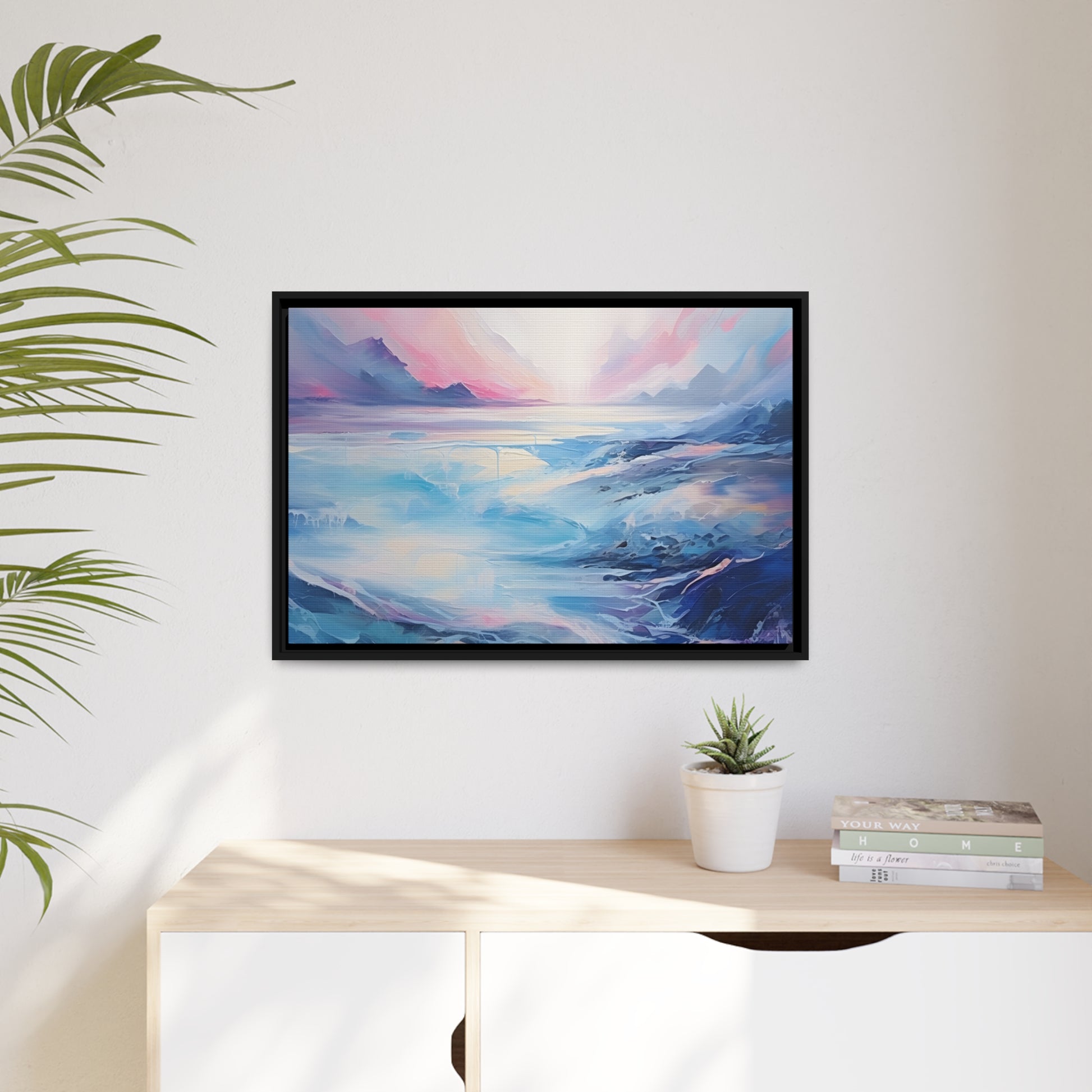 Soothing Calm Heartwarming Framed Canvas Artwork Sunset Over An Angry Blue Ocean 