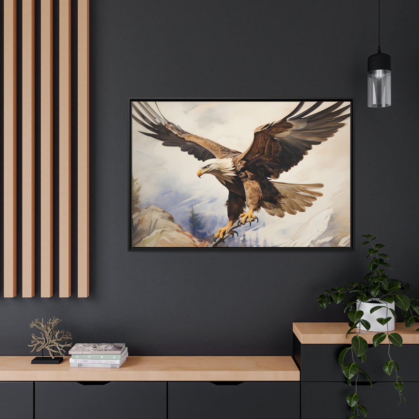 Framed Canvas Artwork Strong Soaring Bald Eagle Snowy Mountains Detailed Painting