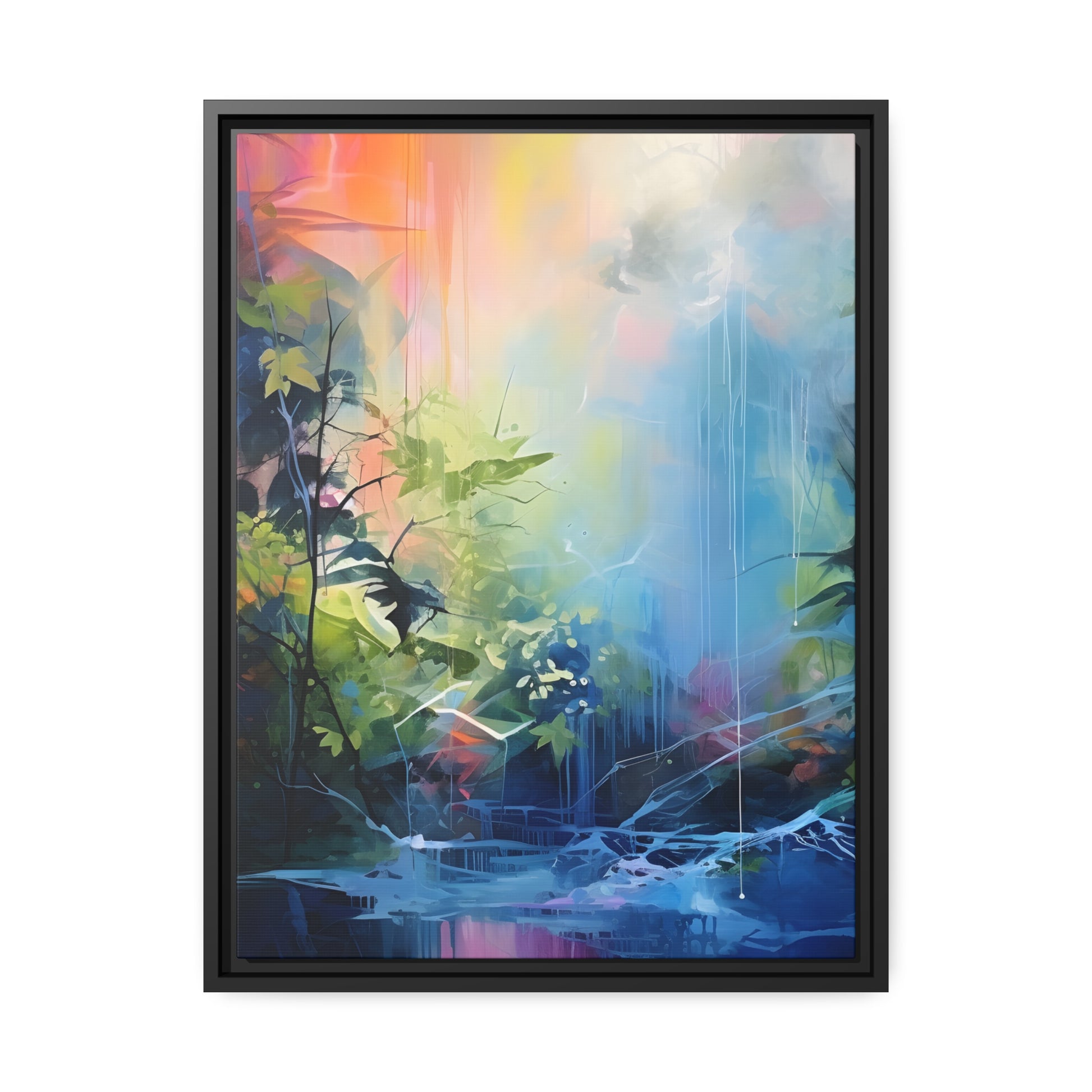 Framed Canvas Abstract Artwork Bright Vibrant Colorful Jungle And Stream Of Water Oil Painting Style Abstract Art Framed Canvas Nature