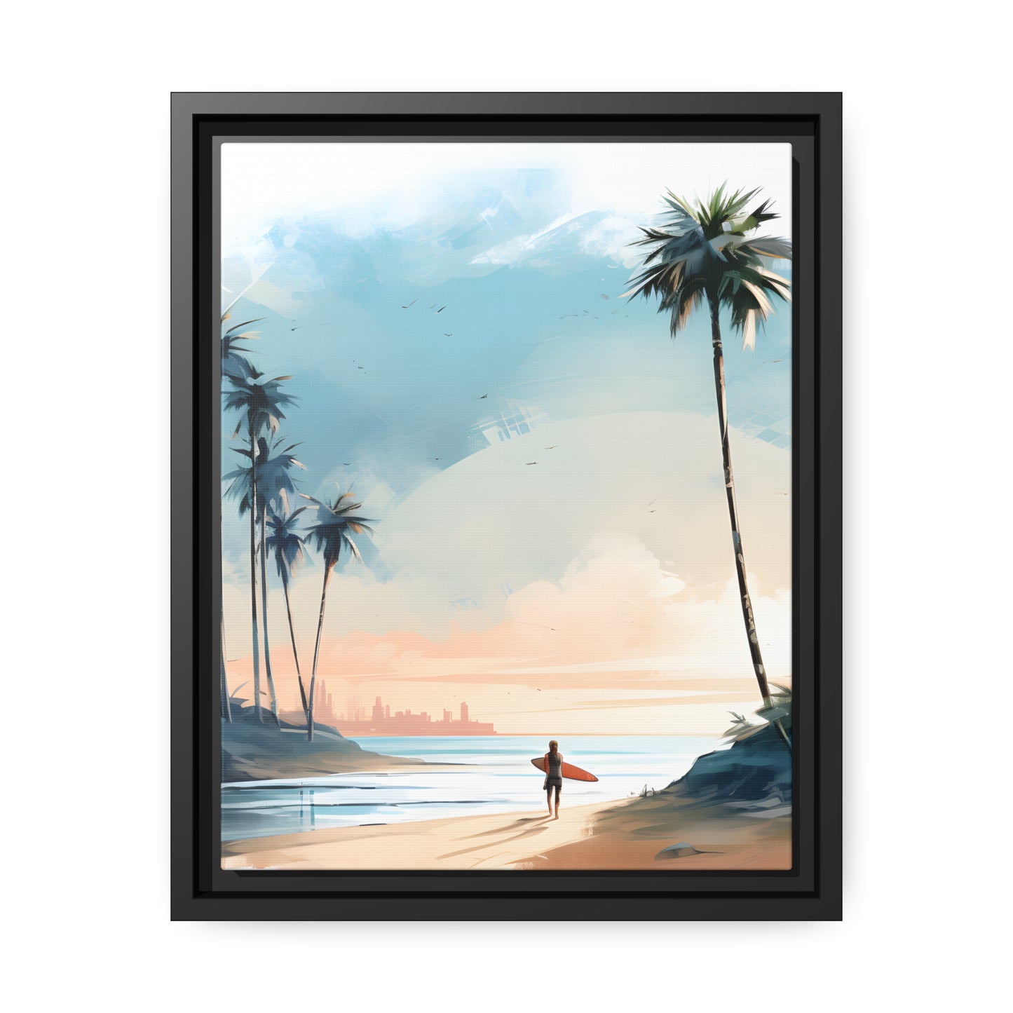 Framed Canvas Artwork Beach Ocean Surfing Warm Sun Set Art Surfer On Beach Holding Surfboard And Palm Tree Silhouettes Water Color Style City In Background Impressive Beach Scene Floating Frame Canvas Artwork