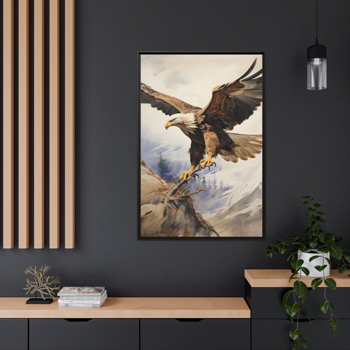 Framed Canvas Artwork Strong Soaring Bald Eagle Snowy Mountains Detailed Painting