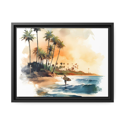 Framed Canvas Lifestyle/Ocean Side Artwork Stunning Watercolor Style Framed Painting Waves Palm Trees Sandy Beach Surfer Searching 