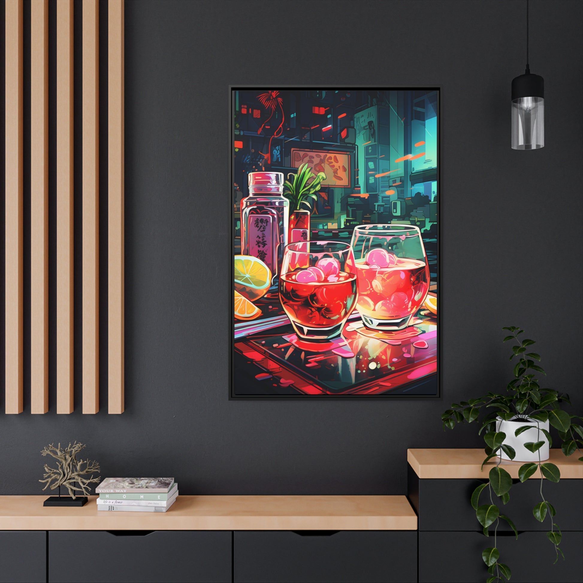 Framed Canvas Artwork Japanese Manga Style Alcohol And Night Life Bar Art Alcoholic Drink With Ice And Lemon Slice Floating Frame Canvas Neon Light Bar Artwork Urban Setting Lifestyle