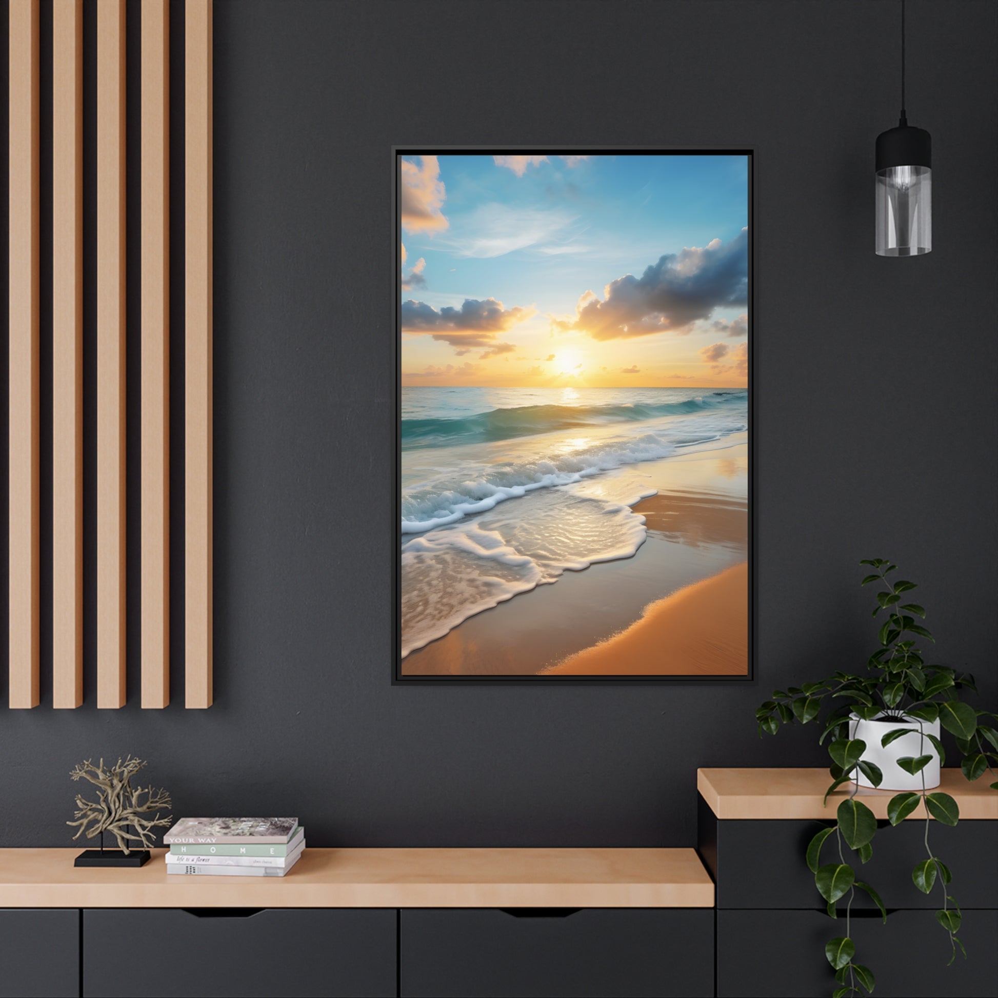 Framed Canvas Artwork Beach Ocean Waves Sunset Floating Frame Canvas Artwork