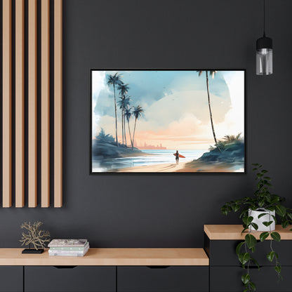 Framed Canvas Artwork Beach Ocean Surfing Warm Sun Set Art Surfer On Beach Holding Surfboard And Palm Tree Silhouettes Water Color Style City In Background Impressive Beach Scene Floating Frame Canvas Artwork