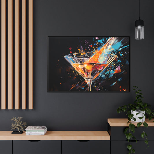 Framed Canvas artwork Bar/Night Life Art Bright Vibrant Neon Splashes Surrounding A Martini Glass Full Of Alcohol On Black Background Framed Canvas Painting Alcohol Art Close Up 