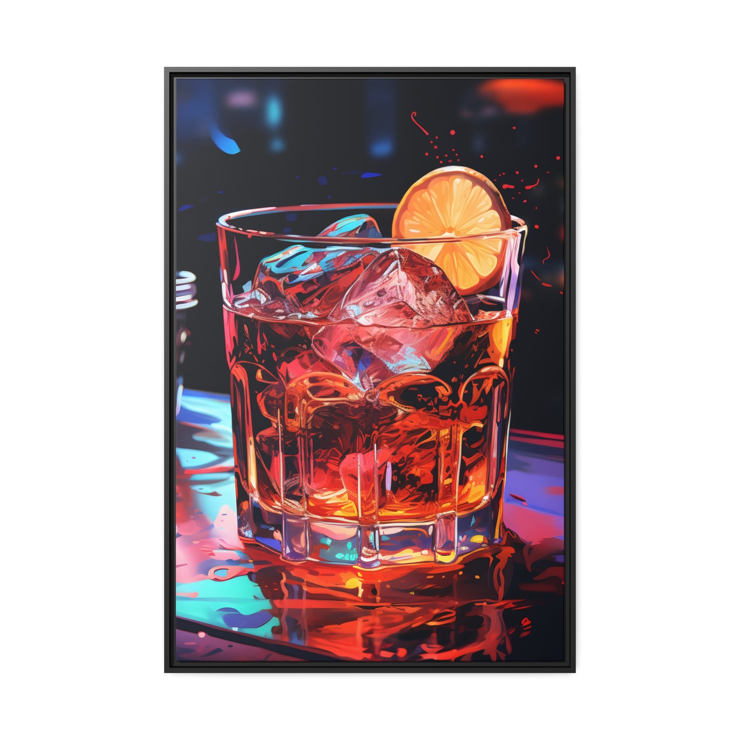 Framed Canvas Artwork Alcohol And Night Life Bar Art Alcoholic Drink With Ice And Lemon Slice Floating Frame Canvas Neon Light Bar Artwork