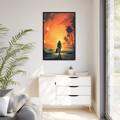 Framed Canvas Artwork Beach Ocean Surfing Warm Suns Set Art Surfer Walking Down To The Beach Holding Surfboard Palm Tree Silhouettes Sets The Tone Floating Frame Canvas Artwork