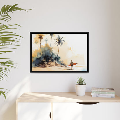 Framed Canvas Artwork Beach Ocean Surfing Art Surfer Walking Up The Beach Holding Surfboard Palm Trees Sets The Tone Floating Frame Canvas Artwork