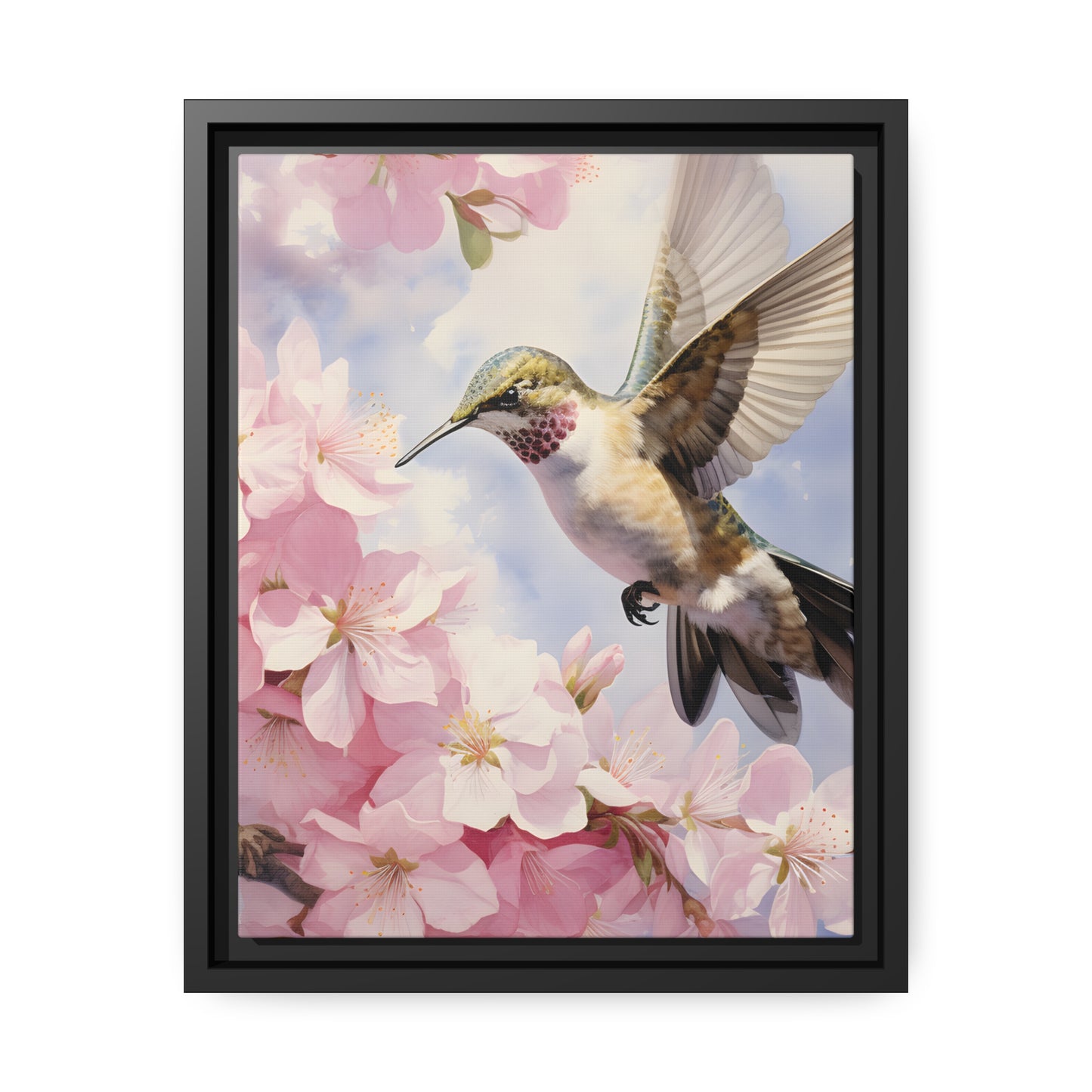 Framed Canvas Artwork Humming Bird Hovering Mid Air While Seeking Out Fresh Honey Amongst The Cherry Blossoms Framed Canvas Artwork