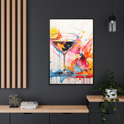 Framed Canvas Artwork Bright Vibrant Splashes Of Color Over A White Background Surrounding A Glass Of Liqour Alcohol Lemon Slice Floating Frame Canvas Artwork