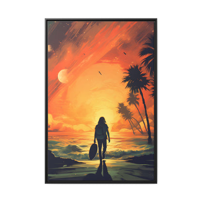 Framed Canvas Artwork Beach Ocean Surfing Warm Suns Set Art Surfer Walking Down To The Beach Holding Surfboard Palm Tree Silhouettes Sets The Tone Floating Frame Canvas Artwork