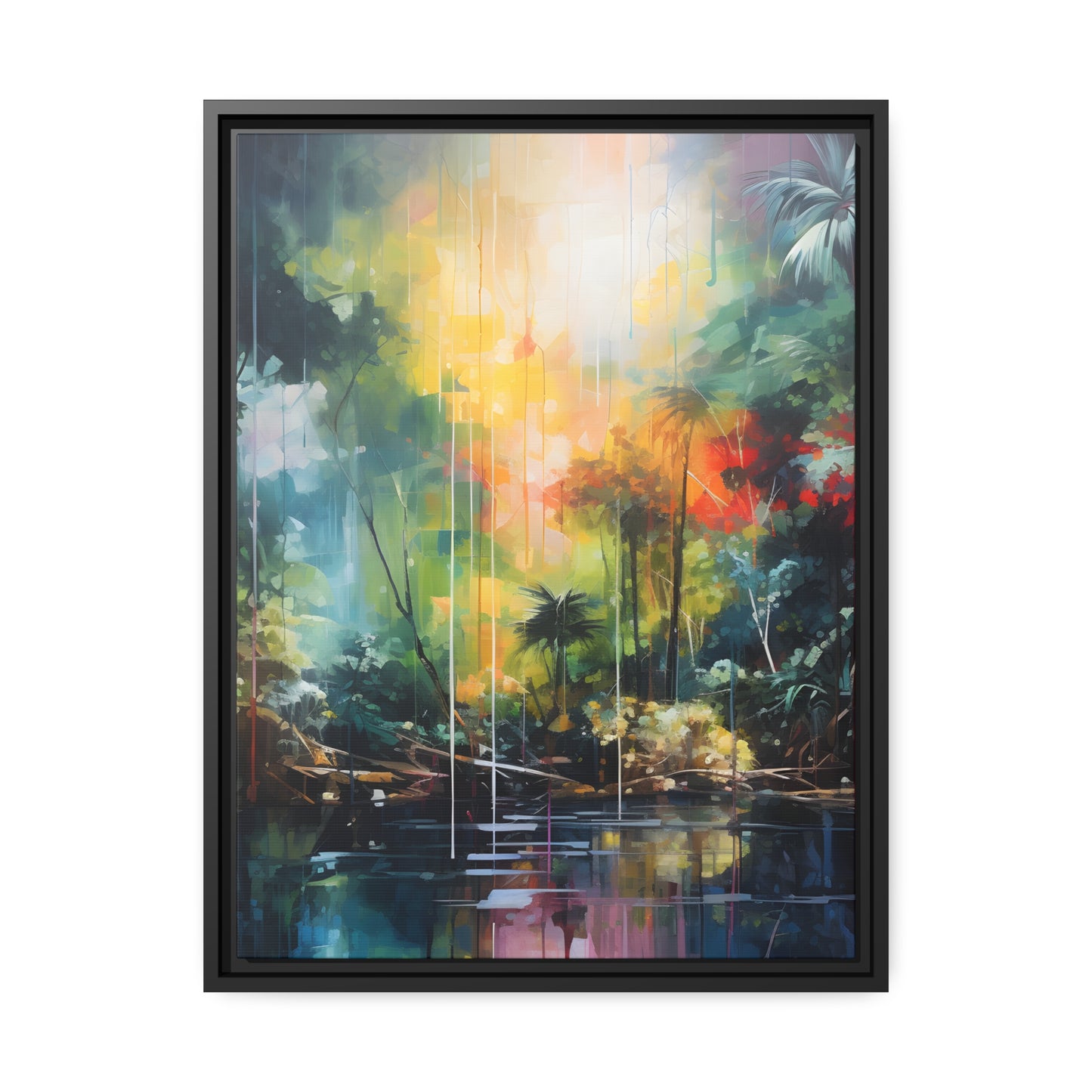 Framed Canvas Abstract Artwork Bright Vibrant Colorful Rainbow Jungle Behind A Pond Oil Painting Style Abstract Art Framed Canvas Nature