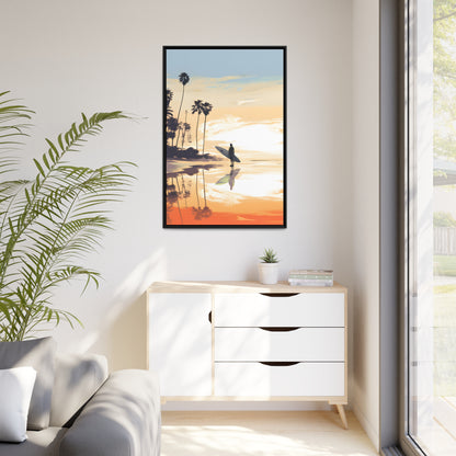 Framed Canvas Artwork Beach Ocean Surfing Warm Sun Set Art Surfer On Beach Holding Surfboard And Palm Tree Silhouettes Floating Frame Canvas Artwork