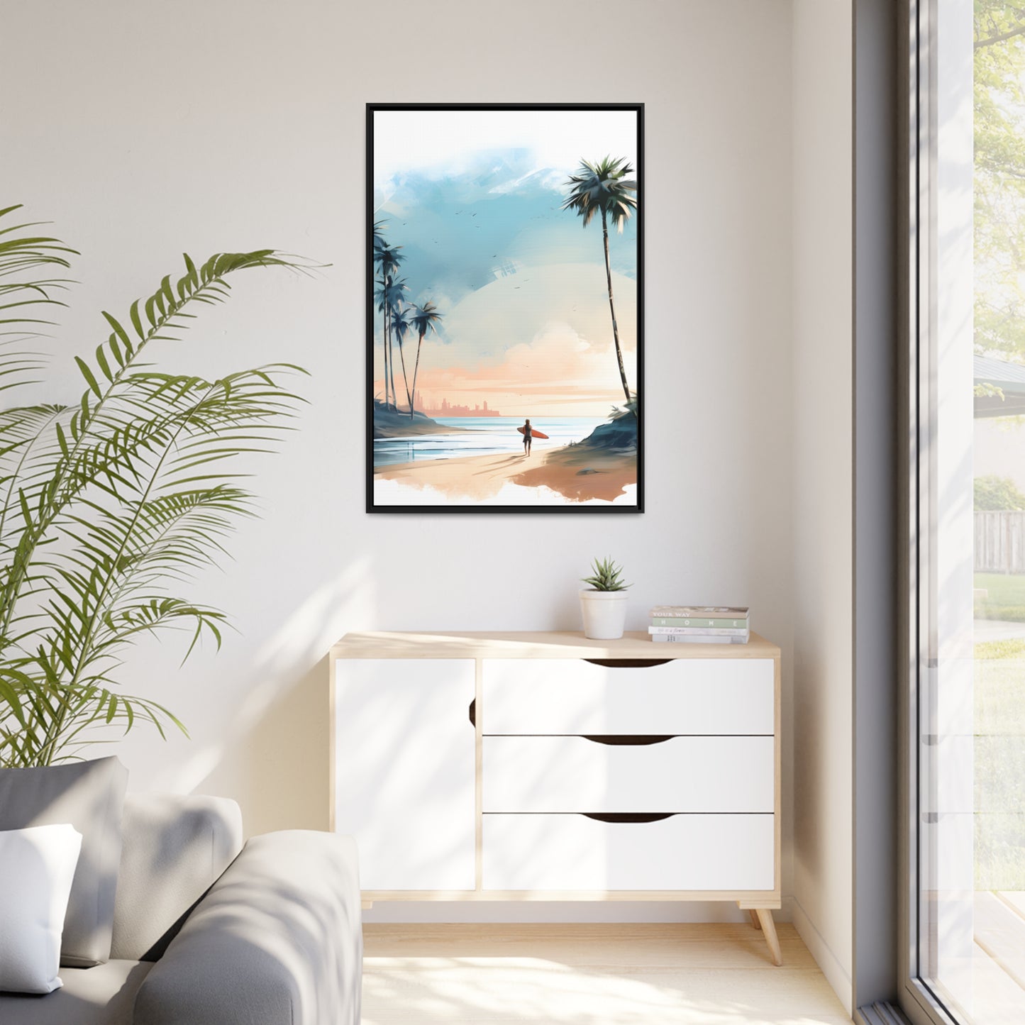 Framed Canvas Artwork Beach Ocean Surfing Warm Sun Set Art Surfer On Beach Holding Surfboard And Palm Tree Silhouettes Water Color Style City In Background Impressive Beach Scene Floating Frame Canvas Artwork